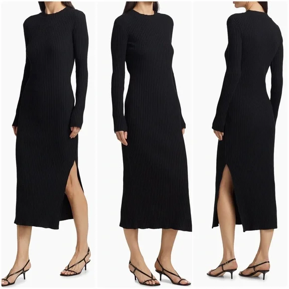 VINCE Ribbed Knit Midi Dress in Black - Picture 1 of 9